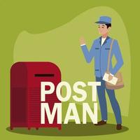 postal service postman character with bag and mailbox vector