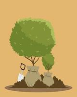 gardening, tree and plant in bags for planting with trowel tool vector