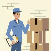 postal service postman character with check list and stack of boxes vector