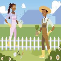 gardening, gardener woman man with flowers and tree vector