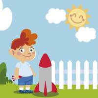 cute boy with rocket in yard cartoon, children vector