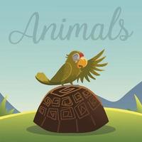 cartoon animals parrot on the turtle in grass nature vector