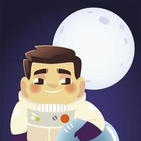 space astronaut holds helmet with moon background cartoon vector