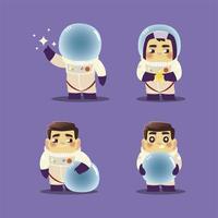 space astronauts set with suit helmet and star cartoon characters vector