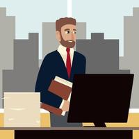 business man cartoon workspace office desk computer vector