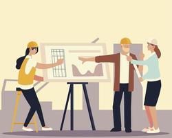 builders and architects, builder man and women with blueprint working vector