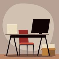 office desk computer chair and paper stack vector