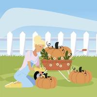 gardening, gardener woman with wheelbarrow flowers and pumpkins vector