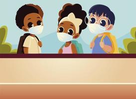 Back to school of boys and girl with medical masks vector design
