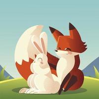 rabbit and fox sitting in the grass cartoon animals vector