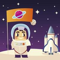 space astronaut spaceship and flag on moon galaxy cartoon vector