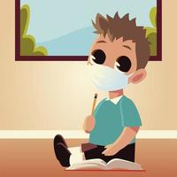 Back to school of boy kid with medical mask and pencil vector design