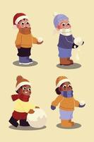 Chicos divertidos jugando con las bolas de nieve en invierno. vector