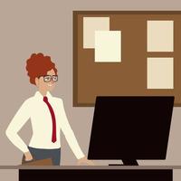 businesswoman character with computer on desk office vector