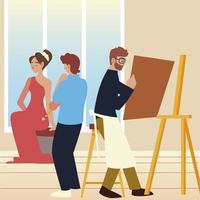 paint class art man with canvas and student boy looking a female model vector