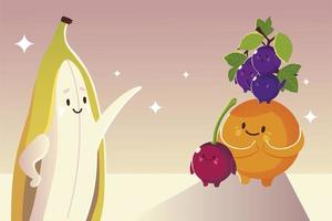 frutas kawaii cara graciosa banana uvas naranja y cereza juntos vector