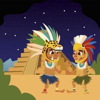 aztec warriors with feathered headdress and pyramid night scene vector