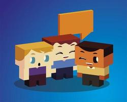 cute group little boys speech bubble cartoon, isometric style vector