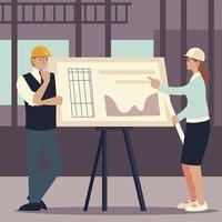 builders and architects, man and woman architect analysing design plan vector