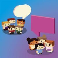 cute group boys and girls speech bubble cartoon, isometric style vector