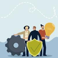 people holds shield protection bulb and gear objects vector