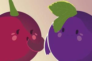 fruits kawaii funny face cute cherry and grape vector