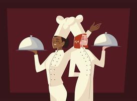 female chefs holds silver platter worker professional restaurant vector