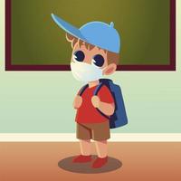 Back to school of boy kid with medical mask and hat vector design