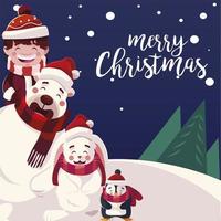 merry christmas boy bear rabbit and penguin vector design