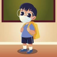 Back to school of boy kid with medical mask and glasses vector design