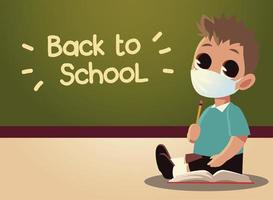 Back to school of boy kid with medical mask and board vector design