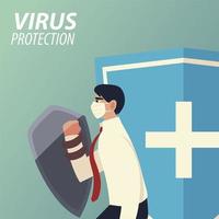 Protección contra virus covid 19 y empresario con diseño de vector de escudo