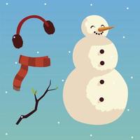 merry christmas snowman scarf earmuffs and branch icons set vector