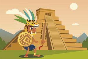 aztec warriors in headgear shield pyramid landscape vector