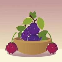 fruits kawaii funny face happiness cute grapes and cherries in bowl vector