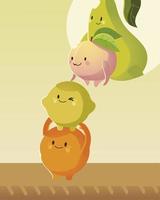 fruits kawaii funny cartoon pear peach lemon and orange vector