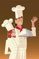 young male and female chef catering menu restaurant vector