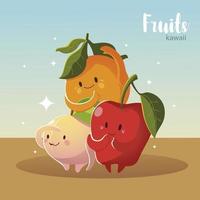 fruits kawaii face happiness apple peach and orange vector