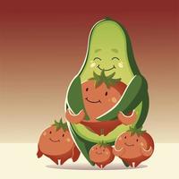 Verduras kawaii lindo aguacate con tomates estilo de dibujos animados vector