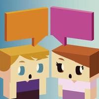 kids, boy and girl characters cartoon talk bubbles, isometric design vector