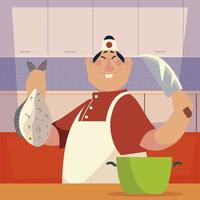 asian chef with fishes and knife worker professional restaurant vector