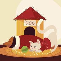 merry christmas cute dog and cat with sweater and house vector