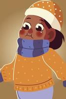 niño pequeño divertido en dibujos animados de bufanda y sombrero de invierno vector