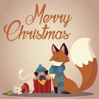 feliz navidad, lindo, zorro, perro y gato, con, suéter, y, bufanda, tarjeta vector