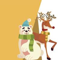 merry christmas reindeer and polar bear with scarf card vector
