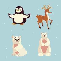 pingüino, reno, oso polar, caricatura, animales, iconos, conjunto vector