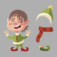 feliz navidad, caricatura, elfo, bufanda, sombrero, y, arranque, iconos, conjunto vector