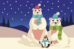 Feliz navidad osos polares con gorro bufanda y pingüino nieve panorámica vector