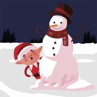 feliz navidad elfo y muñeco de nieve en la escena de nieve vector