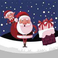 merry christmas santa helper and bag in the chimney with snow vector